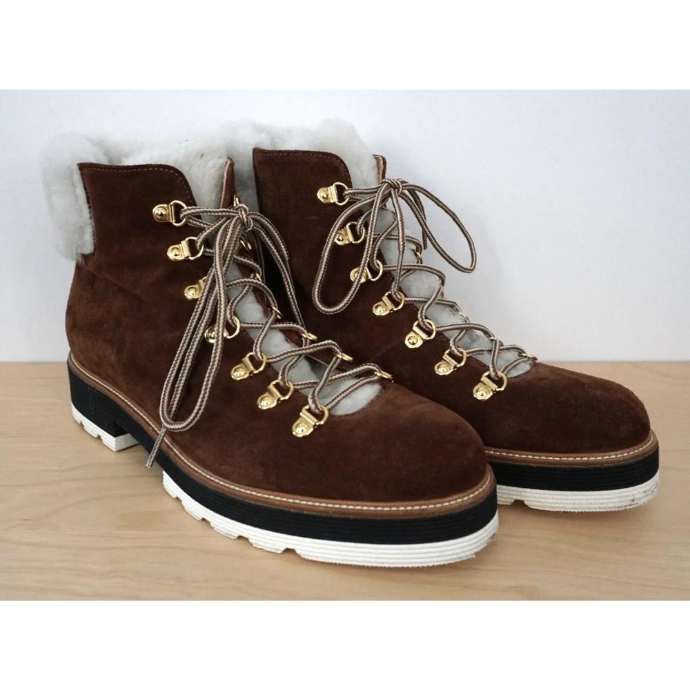 Napoleoni Brown Suede Leather Lace Up Fur Boots EU Size 39 8.5 US